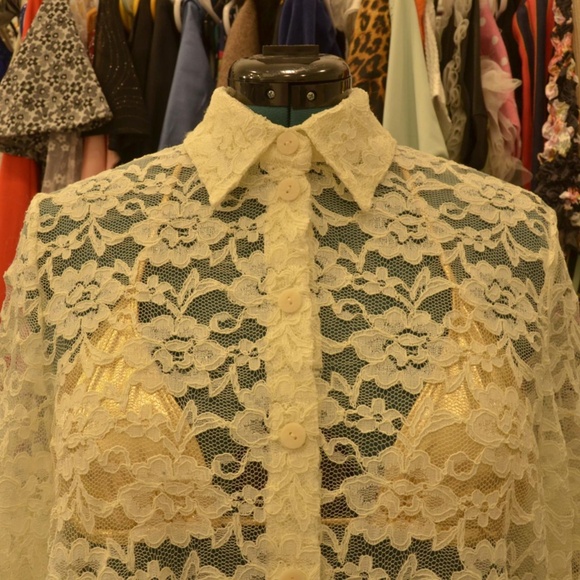Vintage off white sheer lace long sleeved button down blouse. - Picture 1 of 8